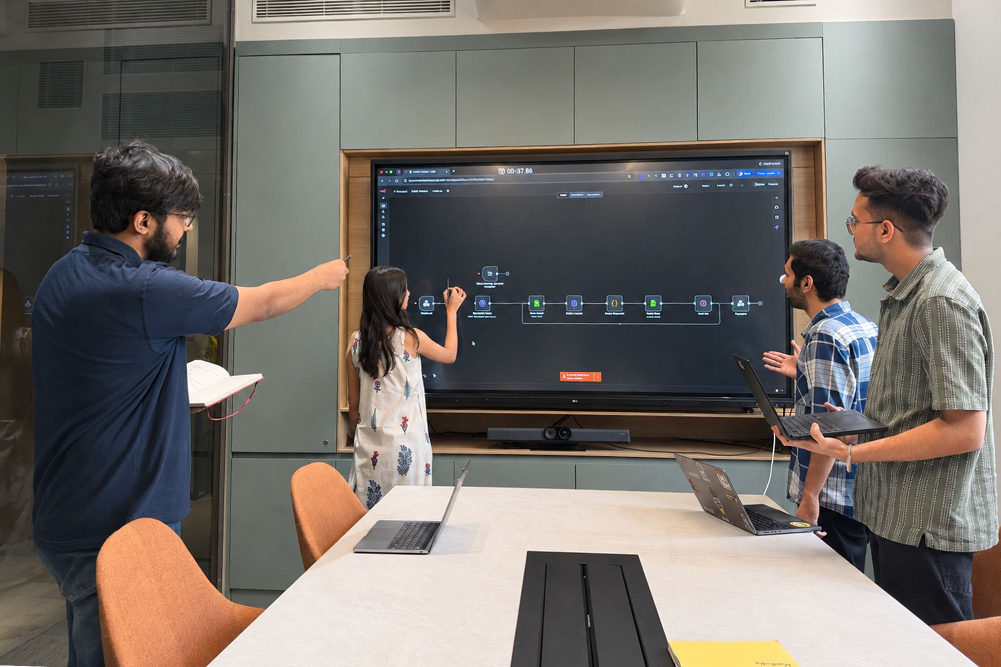 Four MoreTasks colleagues reviewing an automation workflow on a large meeting-room screen