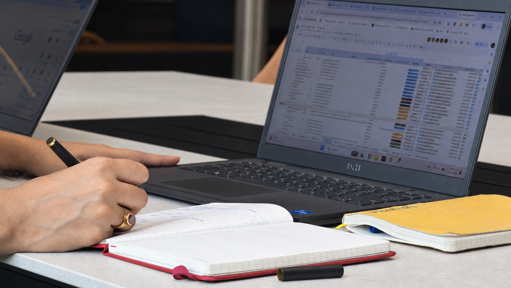 Hands taking notes in a notebook beside a laptop showing a stock spreadsheet